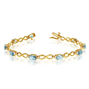 10K Yellow Gold Oval Aquamarine Stones And Diamonds Infinity Tennis Bracelet, 7"