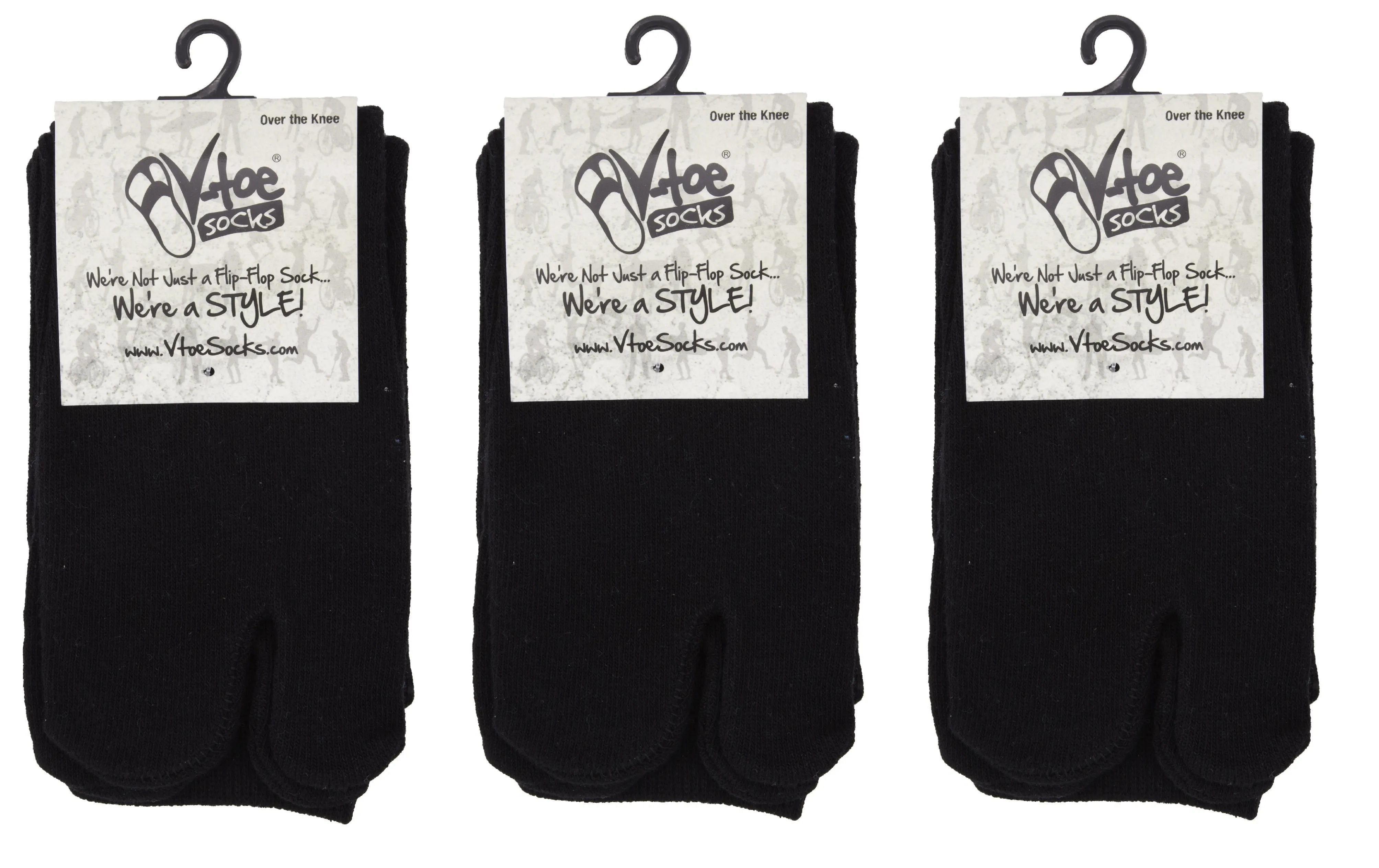 3 Pairs V-Toe Flip Flop Tabi Socks - Over The Knee Black Solid