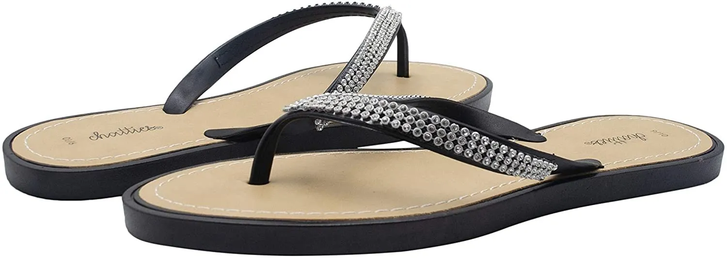 Chatties Women’s PCU Rhinestone Strap Sandal - Sparkly Bling Fashion Summer Flat Shoes