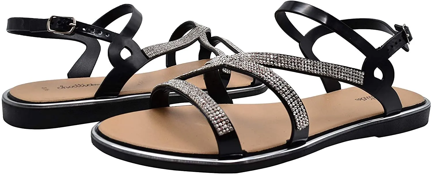 Chatties Women’s PCU Rhinestone Strap Sandal - Sparkly Fashion Bling Flat Shoes