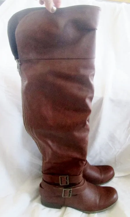 EUC Womens JUST FAB Vegan Thigh Over Knee Riding BOOTS BROWN 10 AURELEE