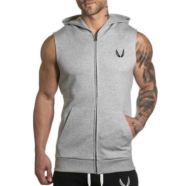 Fitness Hoodies Sleeveless Men Bodybuilding Clothing Hooded Hoodie Zipper Workout Jackets Tanktop Sudadera Hombre Sweatshirts