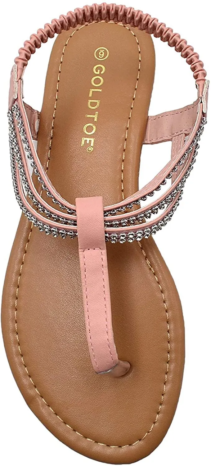 Gold Toe Women’s Rhinestone T-Strap Gladiator Sandal with Back Straps - Open Toe Fashion Bling Summer Slide Shoe