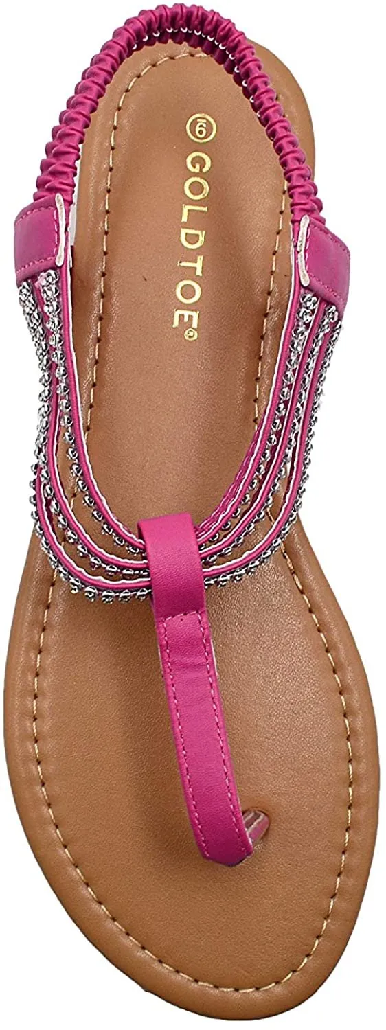 Gold Toe Women’s Rhinestone T-Strap Gladiator Sandal with Back Straps - Open Toe Fashion Bling Summer Slide Shoe