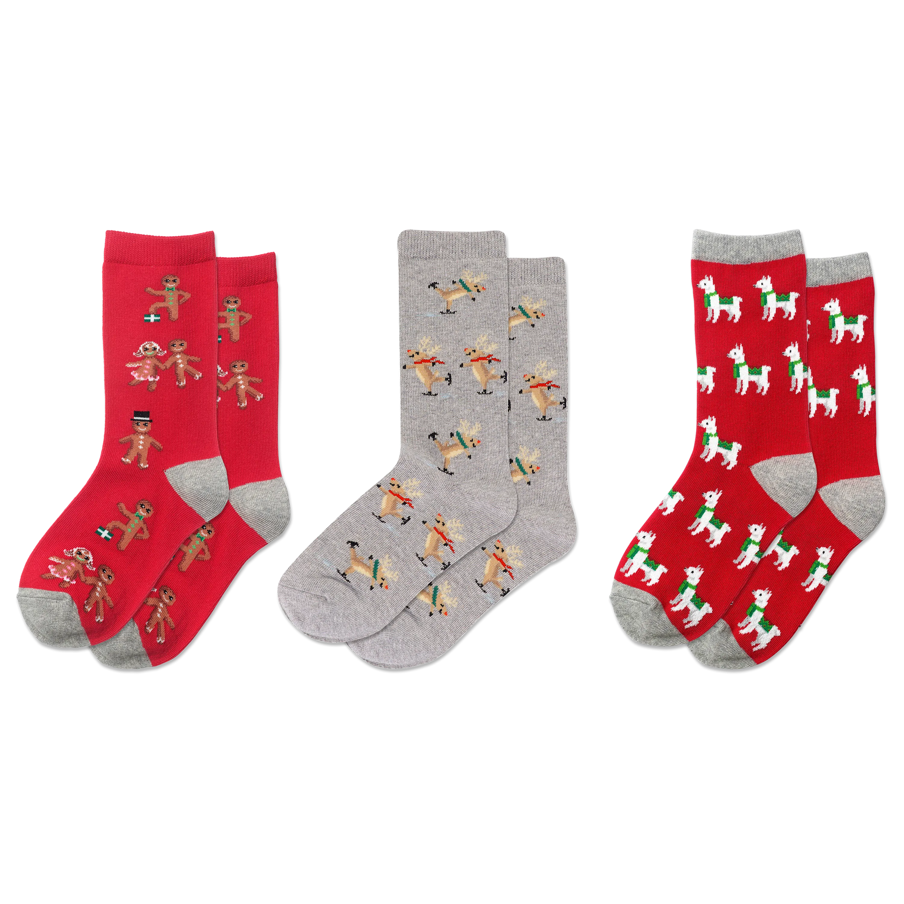 HOTSOX Kid's Holiday Gingerbread, Llamas, Ice Skating Reindeer Crew Socks 3 Pair Pack