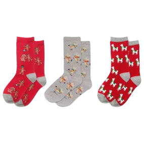 HOTSOX Kid's Holiday Gingerbread, Llamas, Ice Skating Reindeer Crew Socks 3 Pair Pack