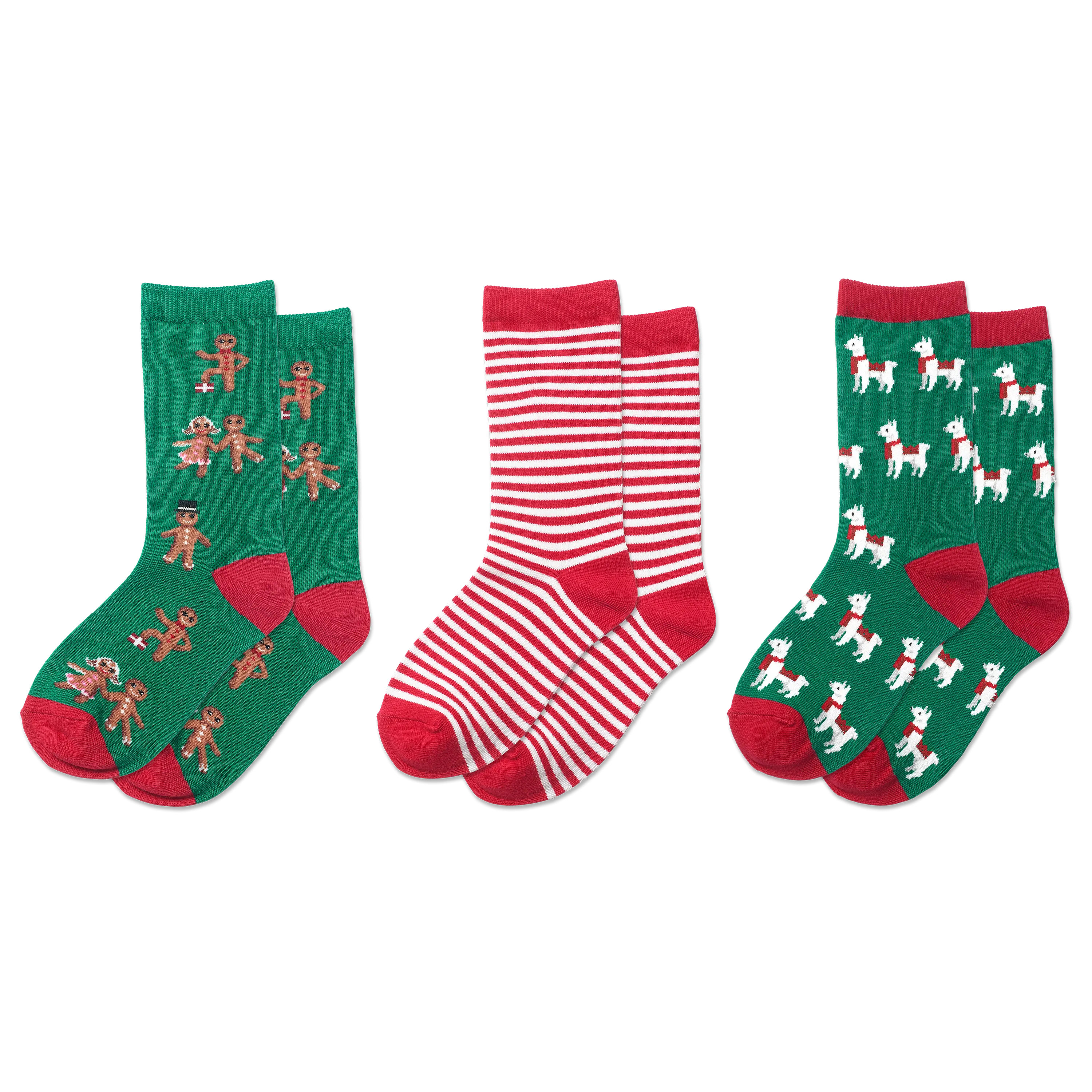 HOTSOX Kid's Holiday Gingerbread, Llamas, Stripe Crew Socks 3 Pair Pack