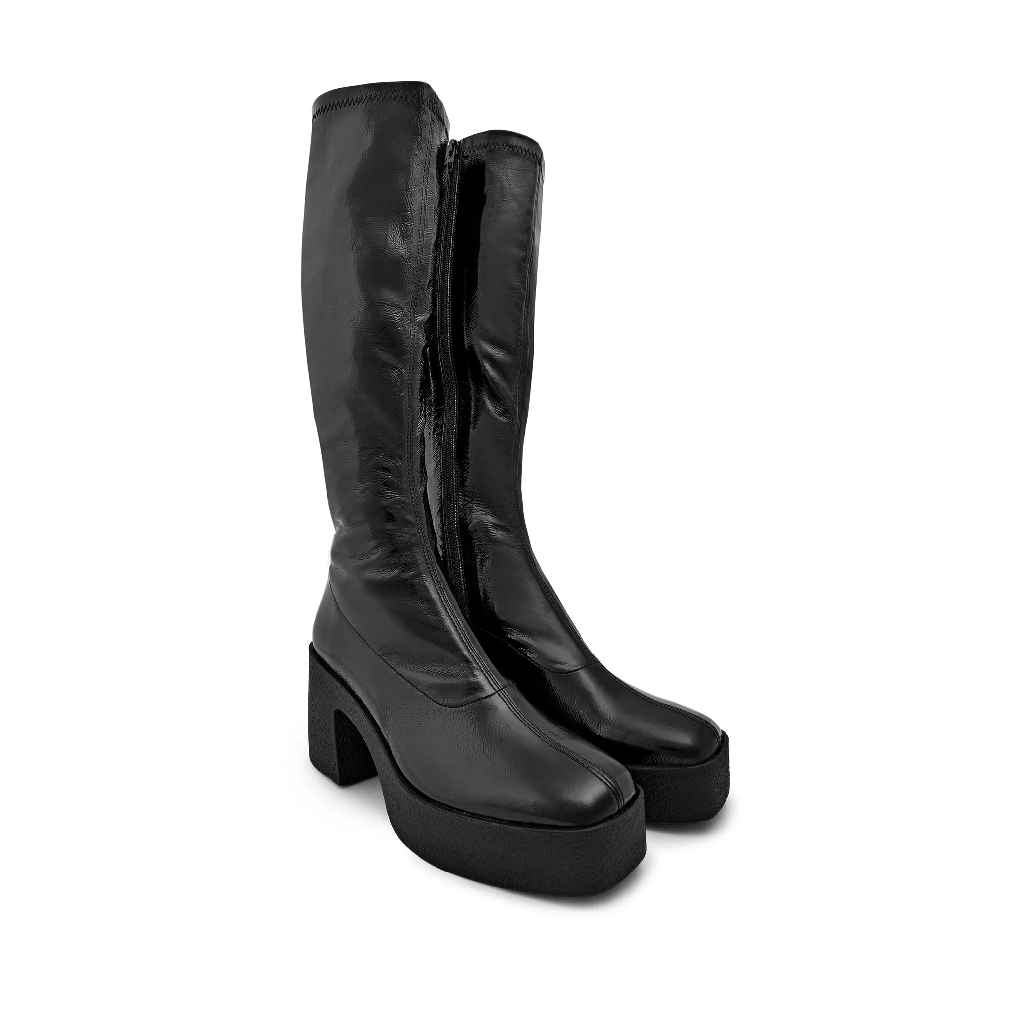 Izumi Black Patent Stretch Leather Chunky Boots