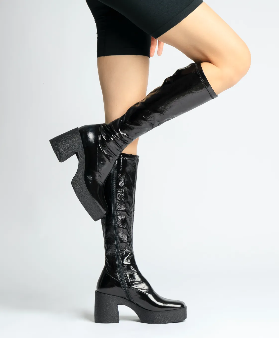 Izumi Black Patent Stretch Leather Chunky Boots