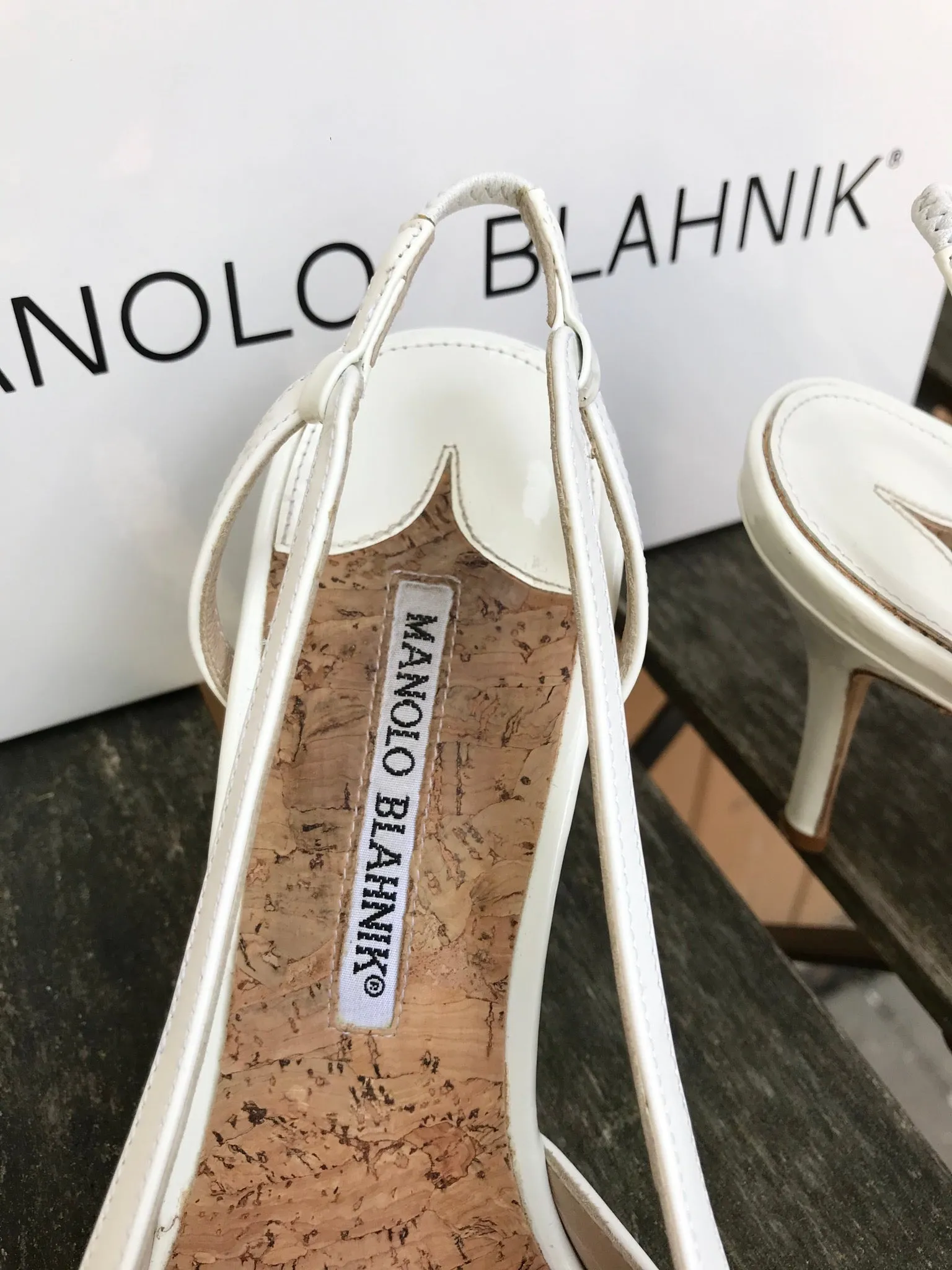 MANOLO BLAHNIK White Patent Leather High Heel Sandals