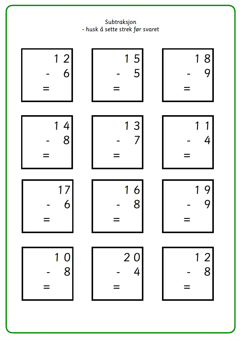 Matematikk subtraksjonsoppgaver