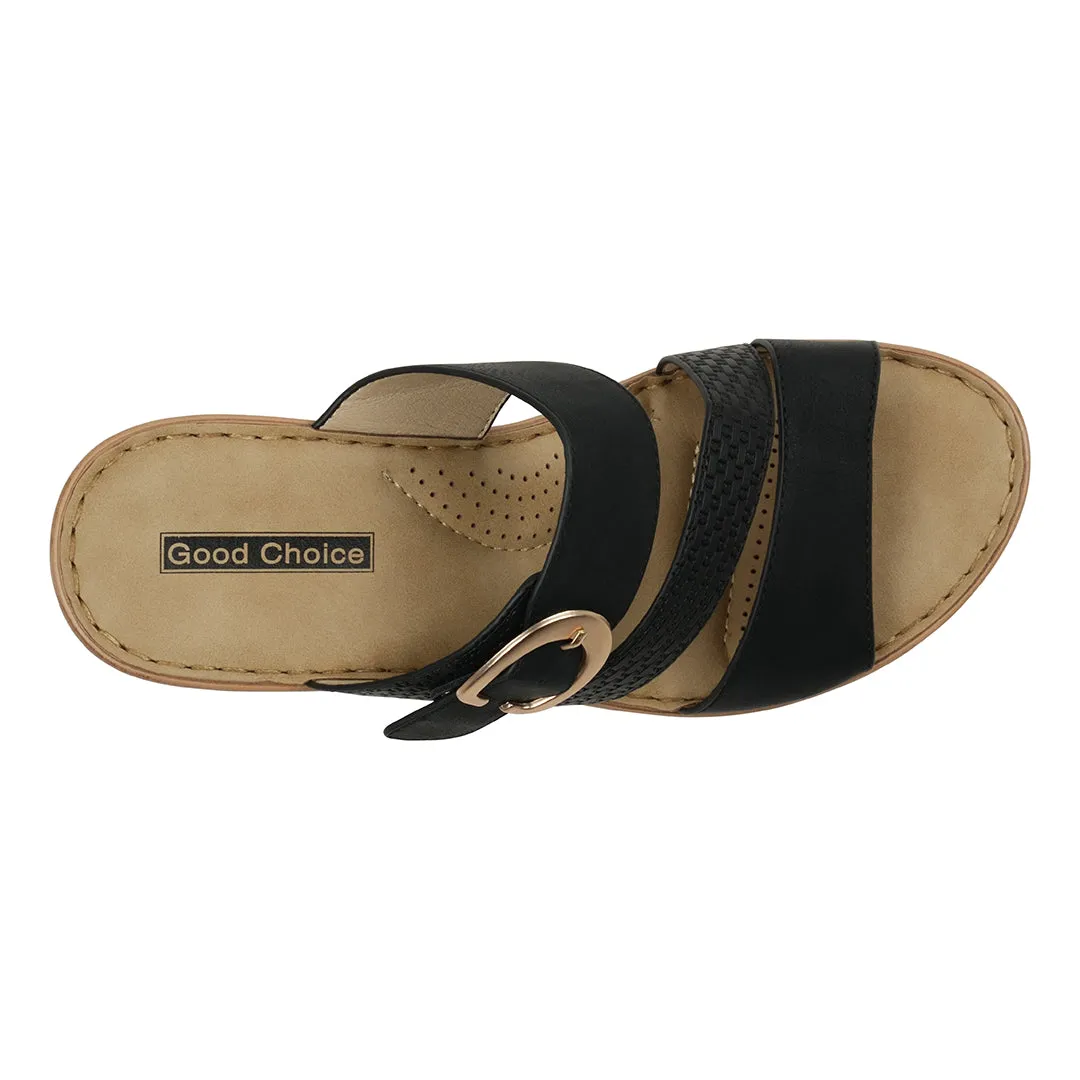 Odalis Black Buckle Comfort Wedge Sandals