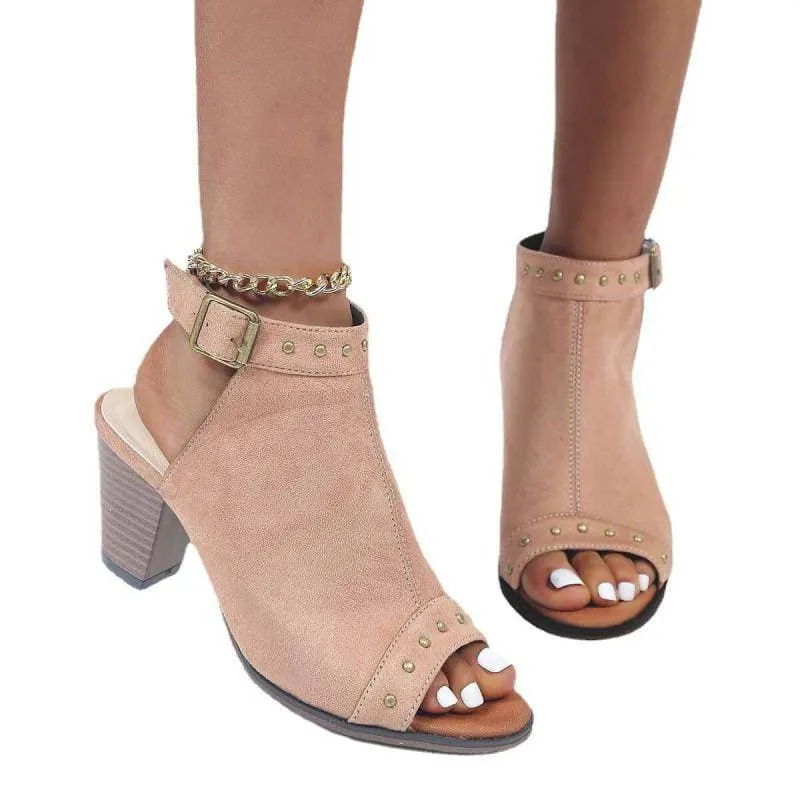 Rivet Peep Toe Adjusting Buckle Chunky Heel Sandals