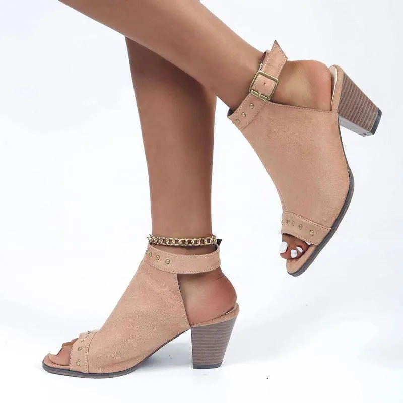 Rivet Peep Toe Adjusting Buckle Chunky Heel Sandals