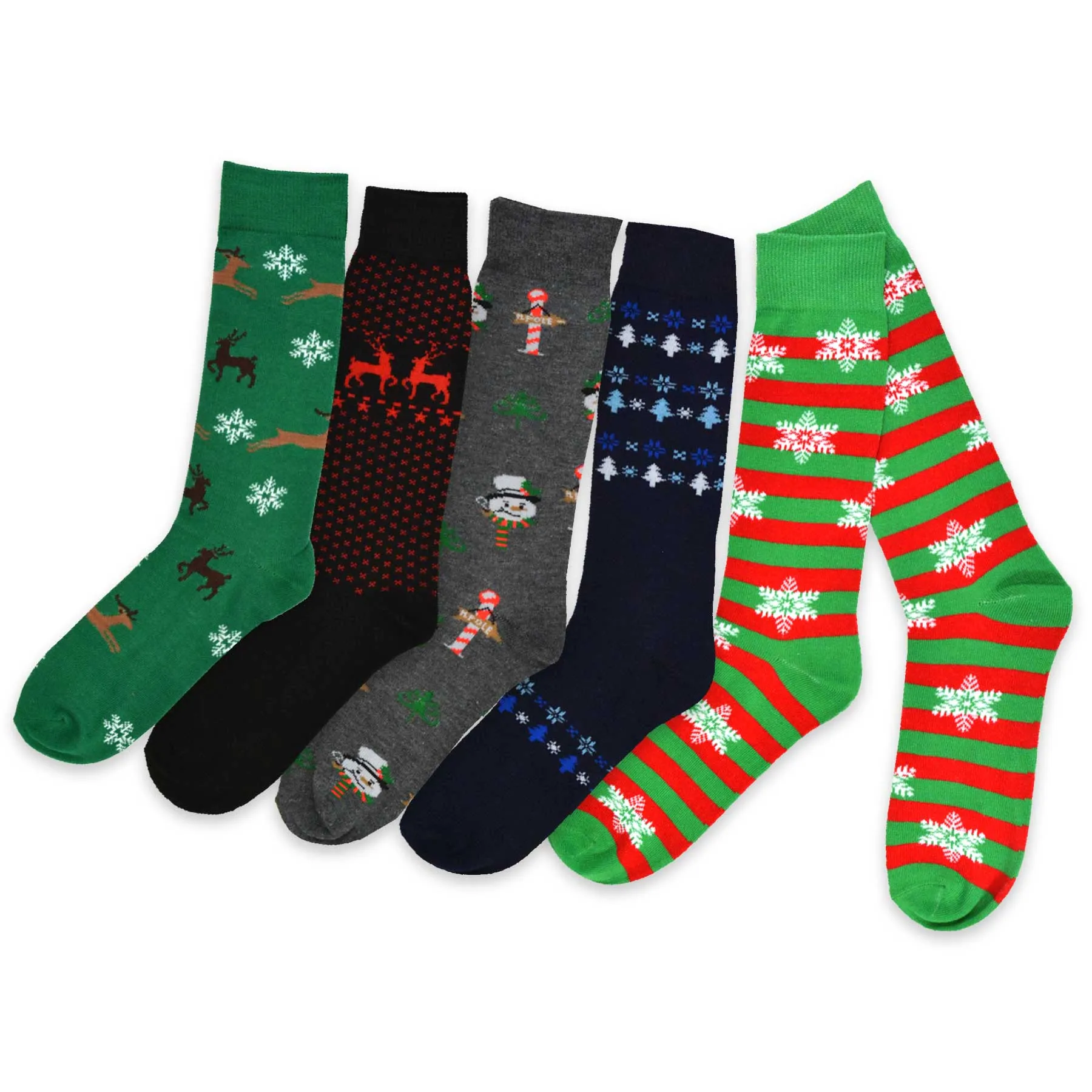 TeeHee Socks Men's Christmas Polyester Crew Snow Deer 5-Pack (51124)