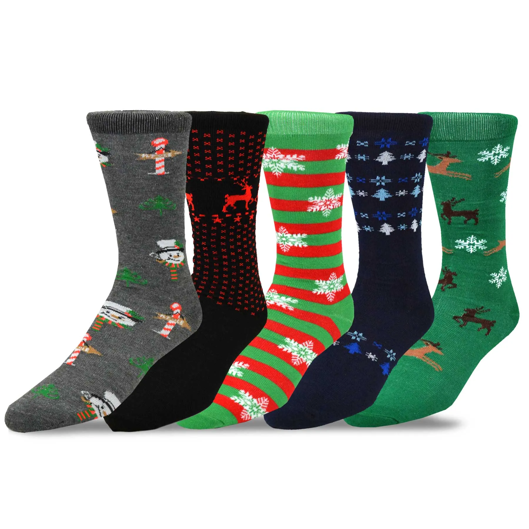 TeeHee Socks Men's Christmas Polyester Crew Snow Deer 5-Pack (51124)