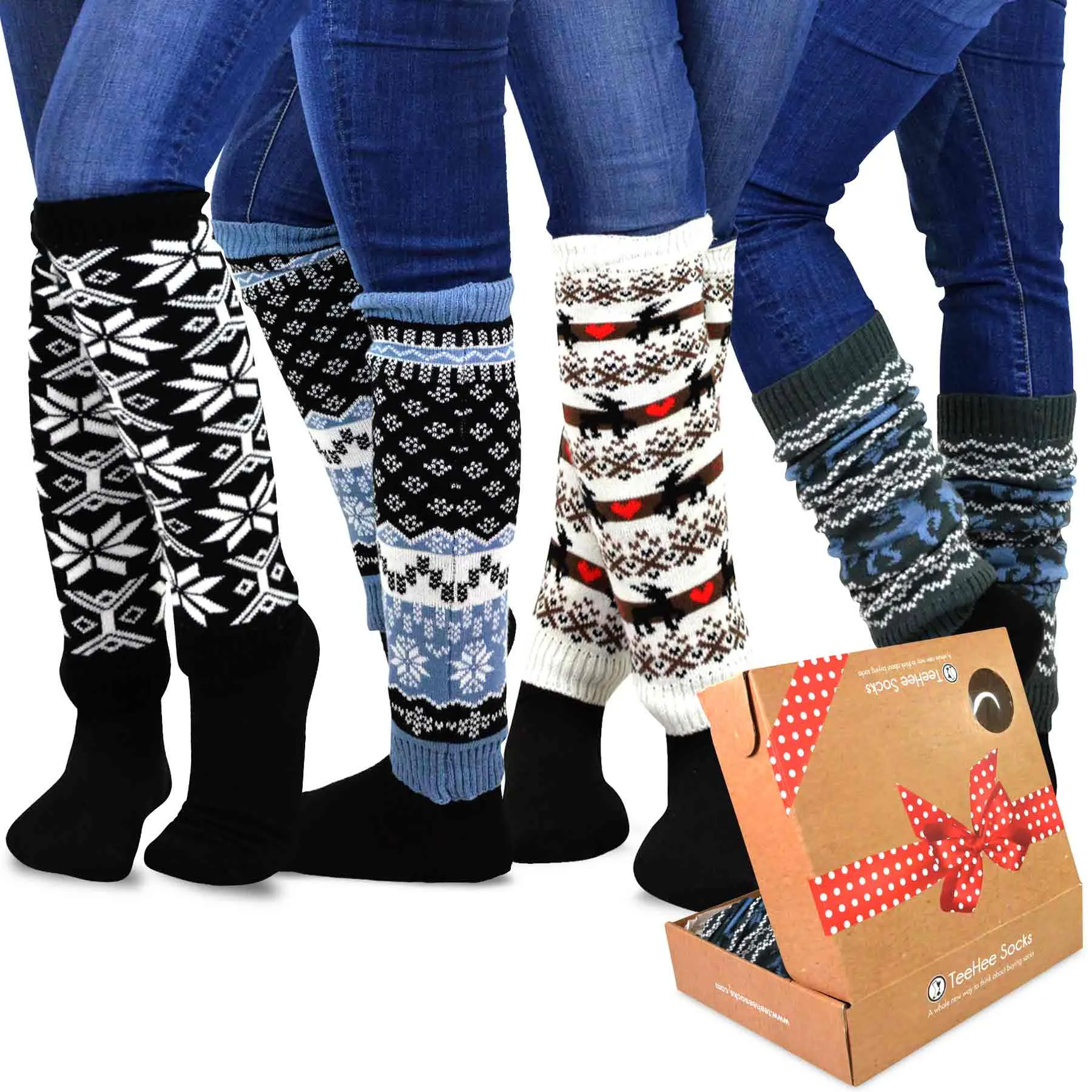 TeeHee Socks Women's Acrylic Leg Warmer Snowflakes 4-Pack Gift Box (12155)