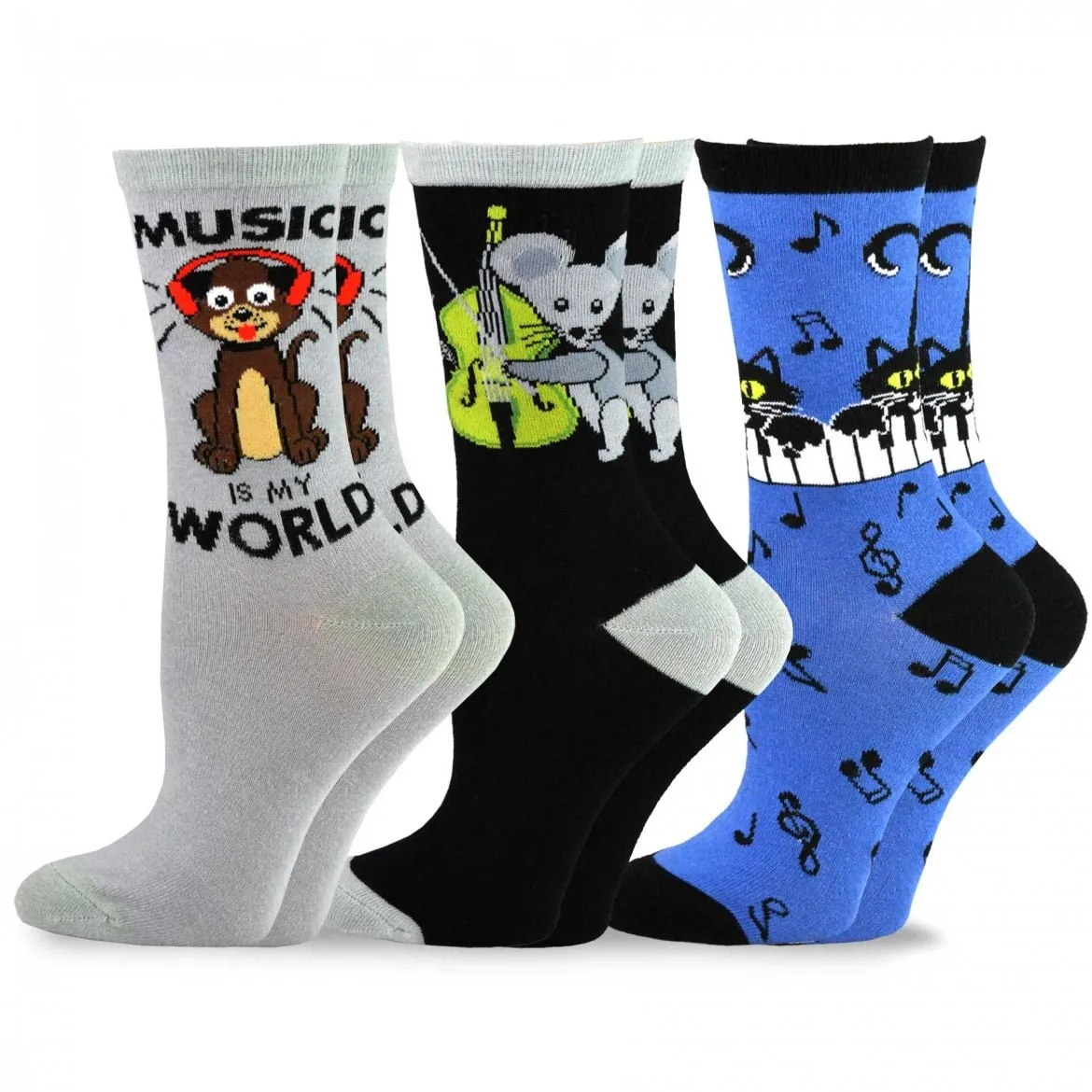 TeeHee Socks Women's Novelty Cotton Crew Animal Music 3-Pack (12000)