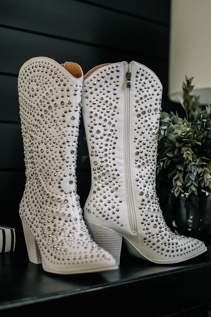 WHITE SCOOTIN RHINESTONES AND STUDS TALL BOOT