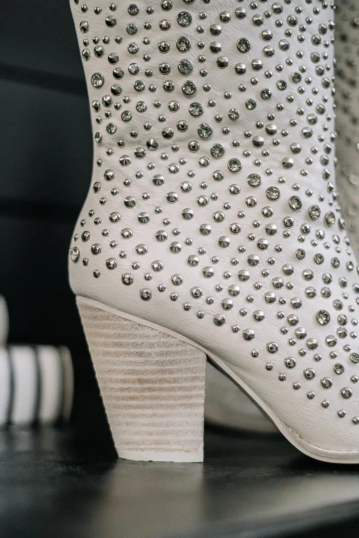 WHITE SCOOTIN RHINESTONES AND STUDS TALL BOOT